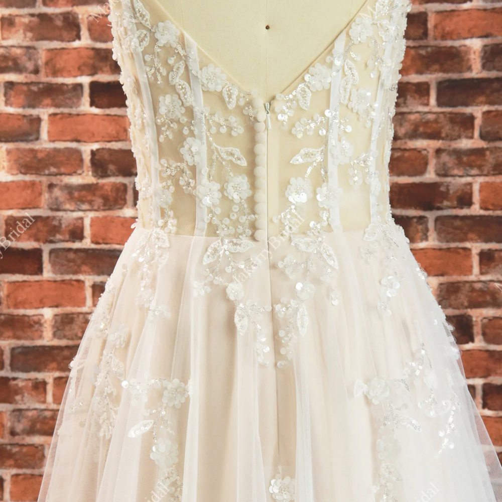 
                      
                        Boho See Through Lace Wedding Dress With 3D beaded Flowers
                      
                    