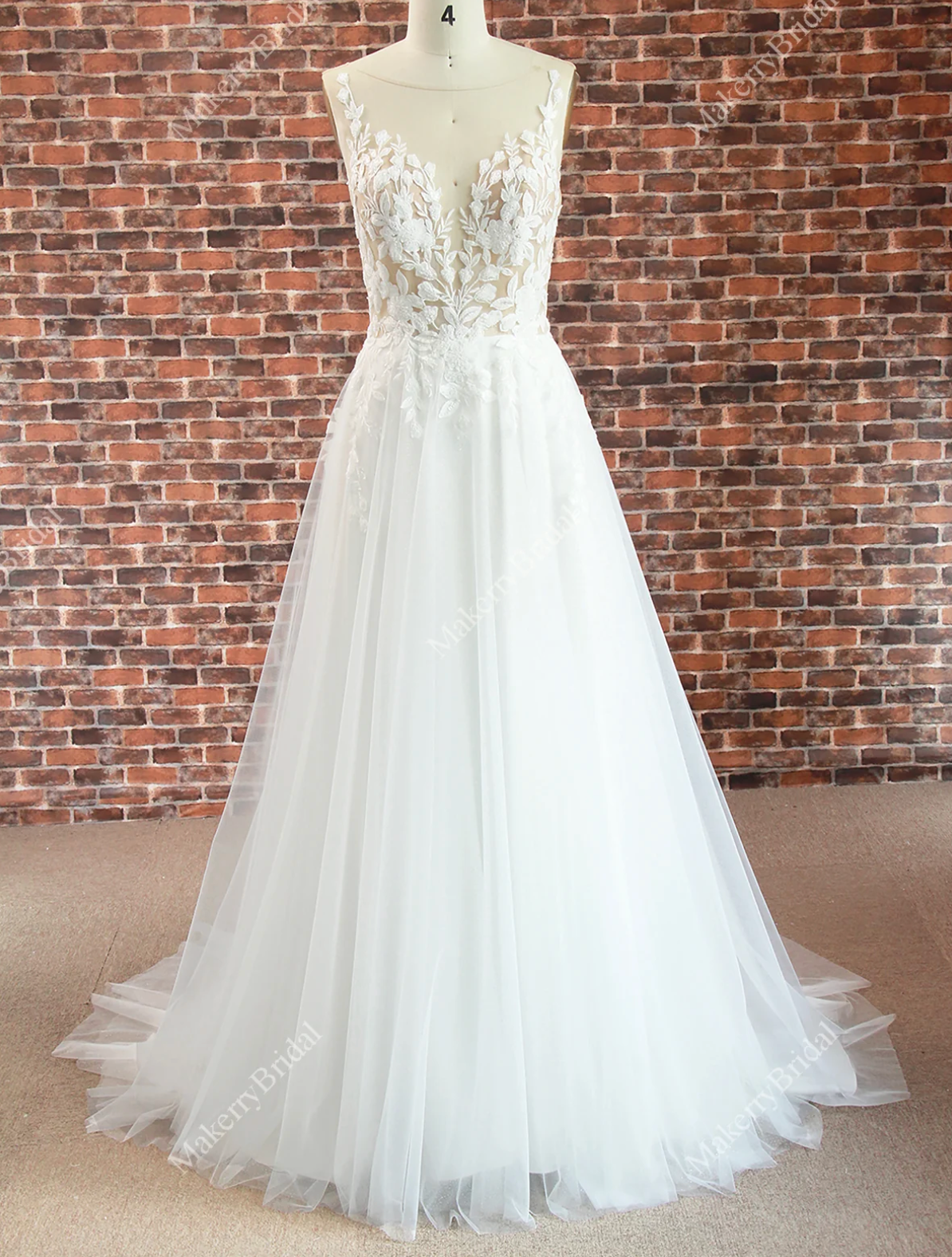 Elegant Illusion Appliques A Line Wedding Dress