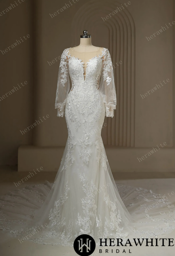 Long Train Mermaid Bridal Lace Wedding Dress With Plunging Neckline