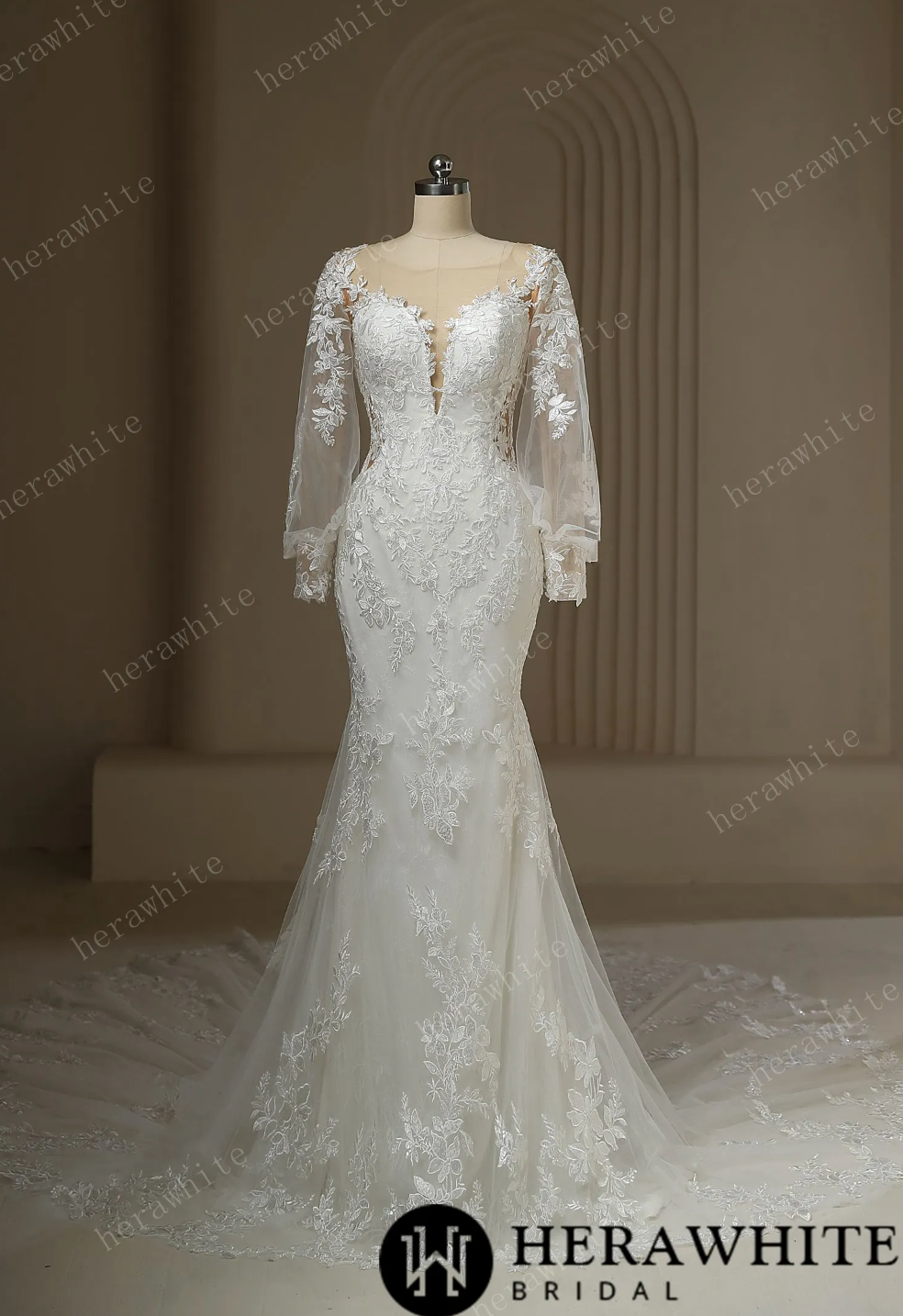 Long Train Mermaid Bridal Lace Wedding Dress With Plunging Neckline