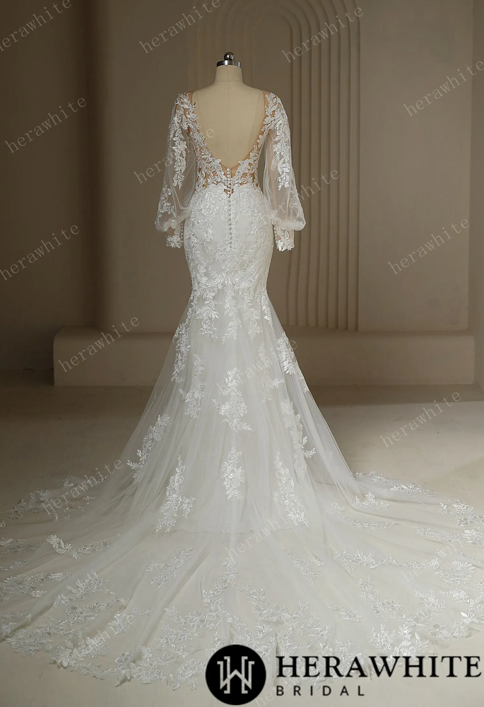 
                      
                        Long Train Mermaid Bridal Lace Wedding Dress With Plunging Neckline
                      
                    