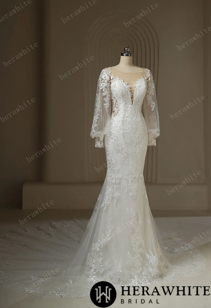 
                      
                        Long Train Mermaid Bridal Lace Wedding Dress With Plunging Neckline
                      
                    