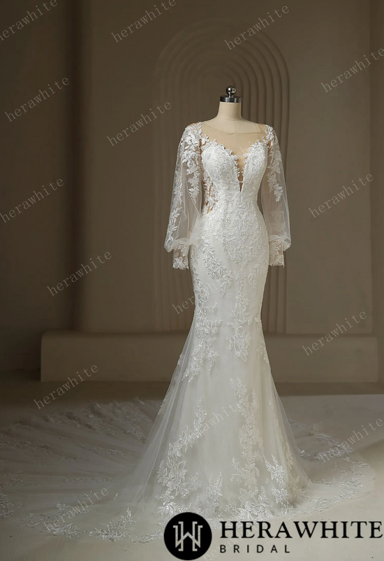 Long Train Mermaid Bridal Lace Wedding Dress With Plunging Neckline