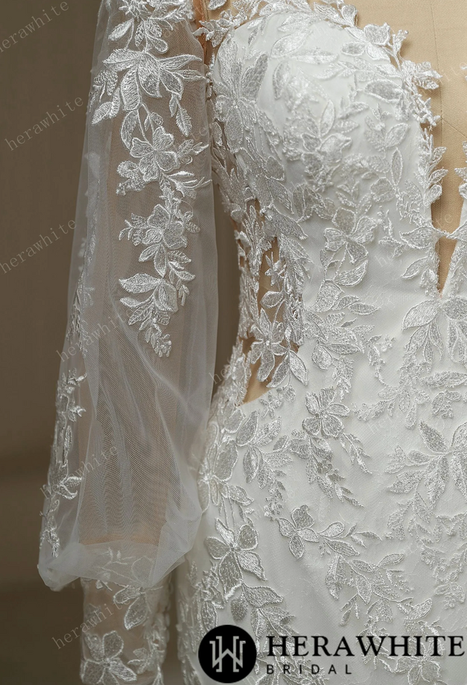 
                      
                        Long Train Mermaid Bridal Lace Wedding Dress With Plunging Neckline
                      
                    