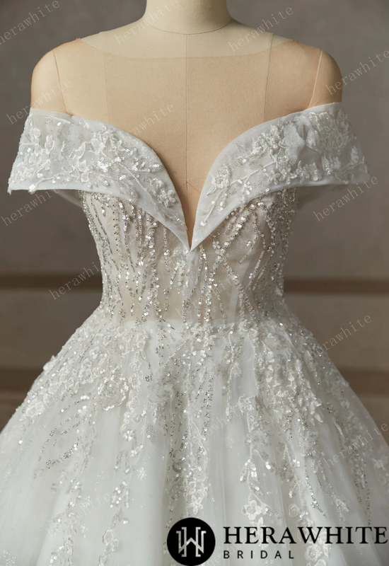 Princess Plunge Wrap Sleeves Ball Gown Wedding Dress