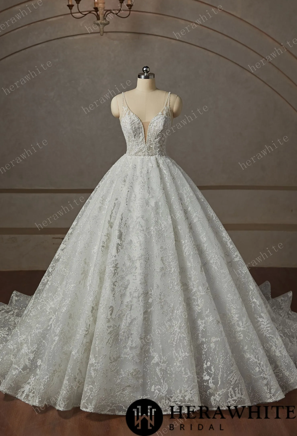 Princess Beaded Deep-Plunge Ball Gown Wedding Dress