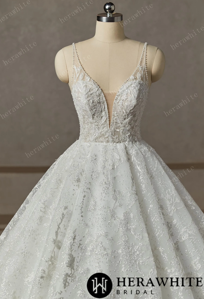 Princess Beaded Deep-Plunge Ball Gown Wedding Dress