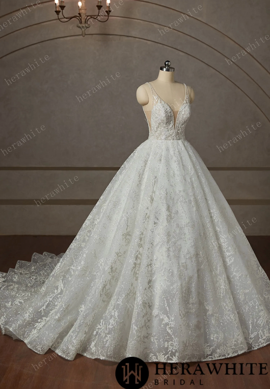 Princess Beaded Deep-Plunge Ball Gown Wedding Dress