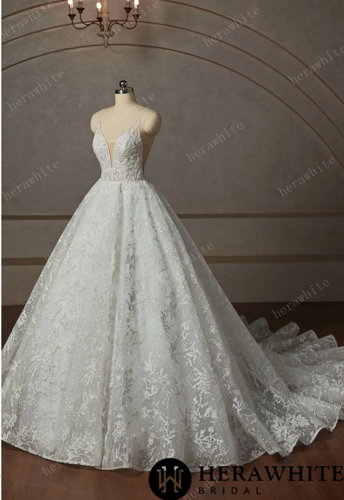 
                      
                        Princess Beaded Deep-Plunge Ball Gown Wedding Dress
                      
                    