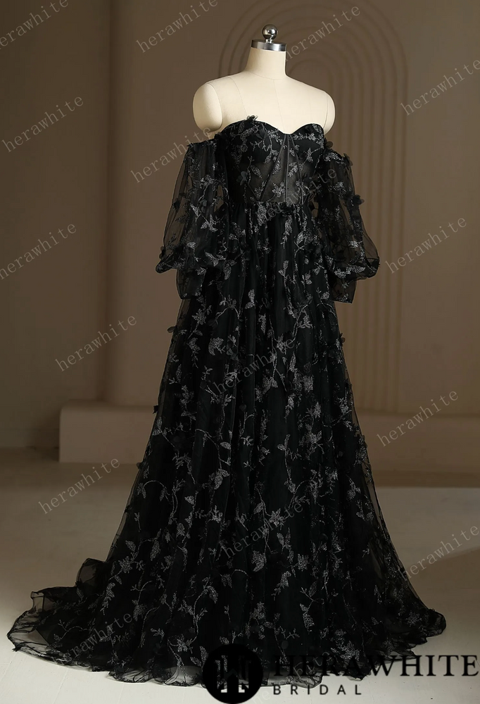 
                      
                        Luxury 3D Lace Appliqué Embroidery Detachable Sleeve Black Wedding Dress
                      
                    