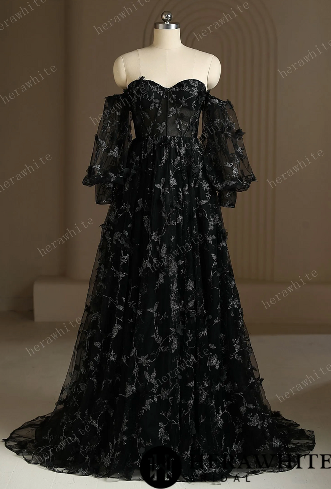 Luxury 3D Lace Appliqué Embroidery Detachable Sleeve Black Wedding Dress