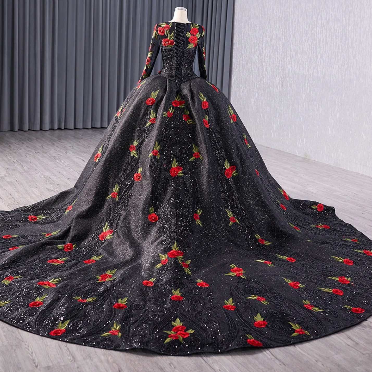 Red Rose Black Quinceañera Ball Gown Dress