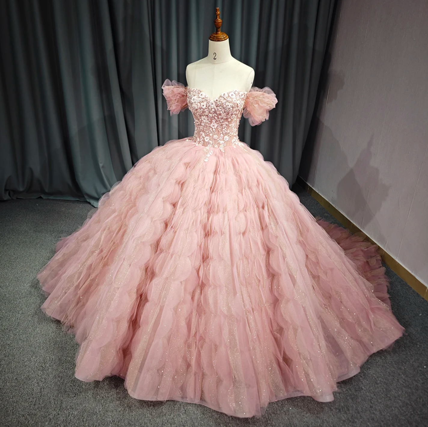 Tulle Tufted Pink Floral Quinceañera Ball Gown Dress