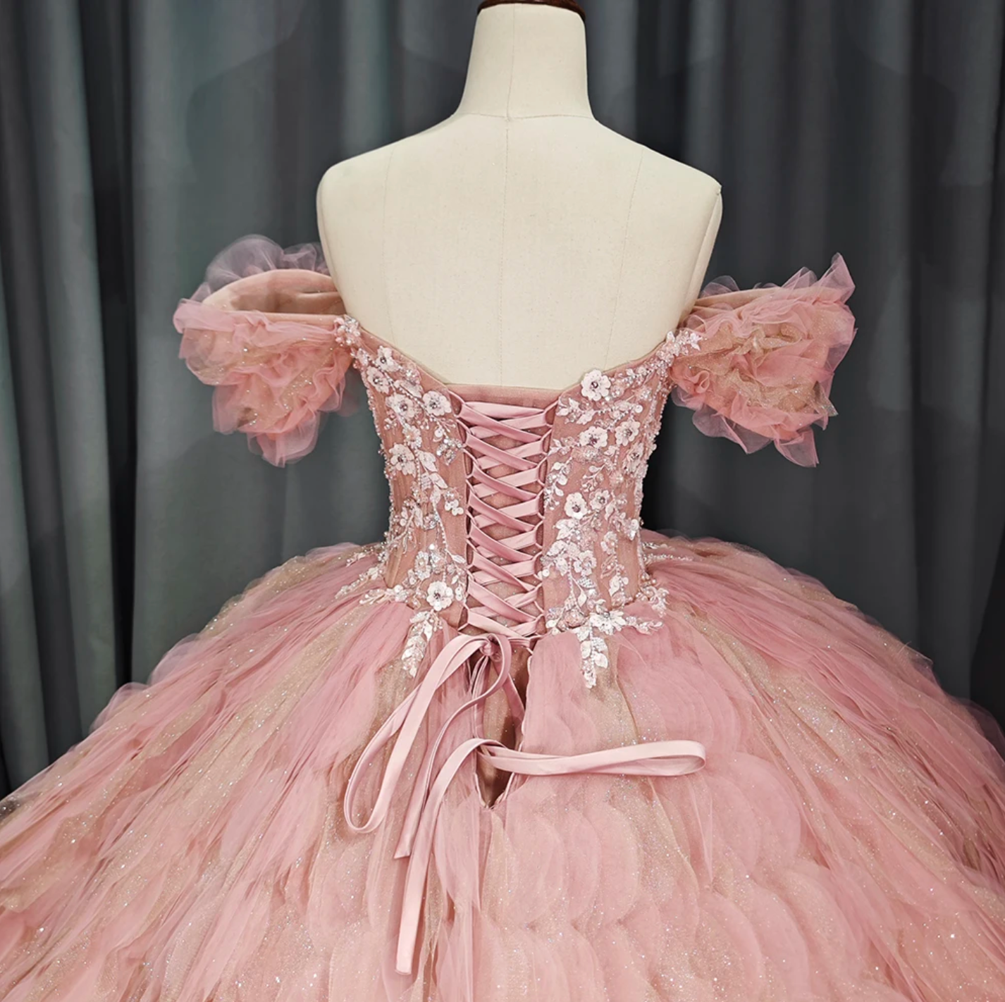 Tulle Tufted Pink Floral Quinceañera Ball Gown Dress