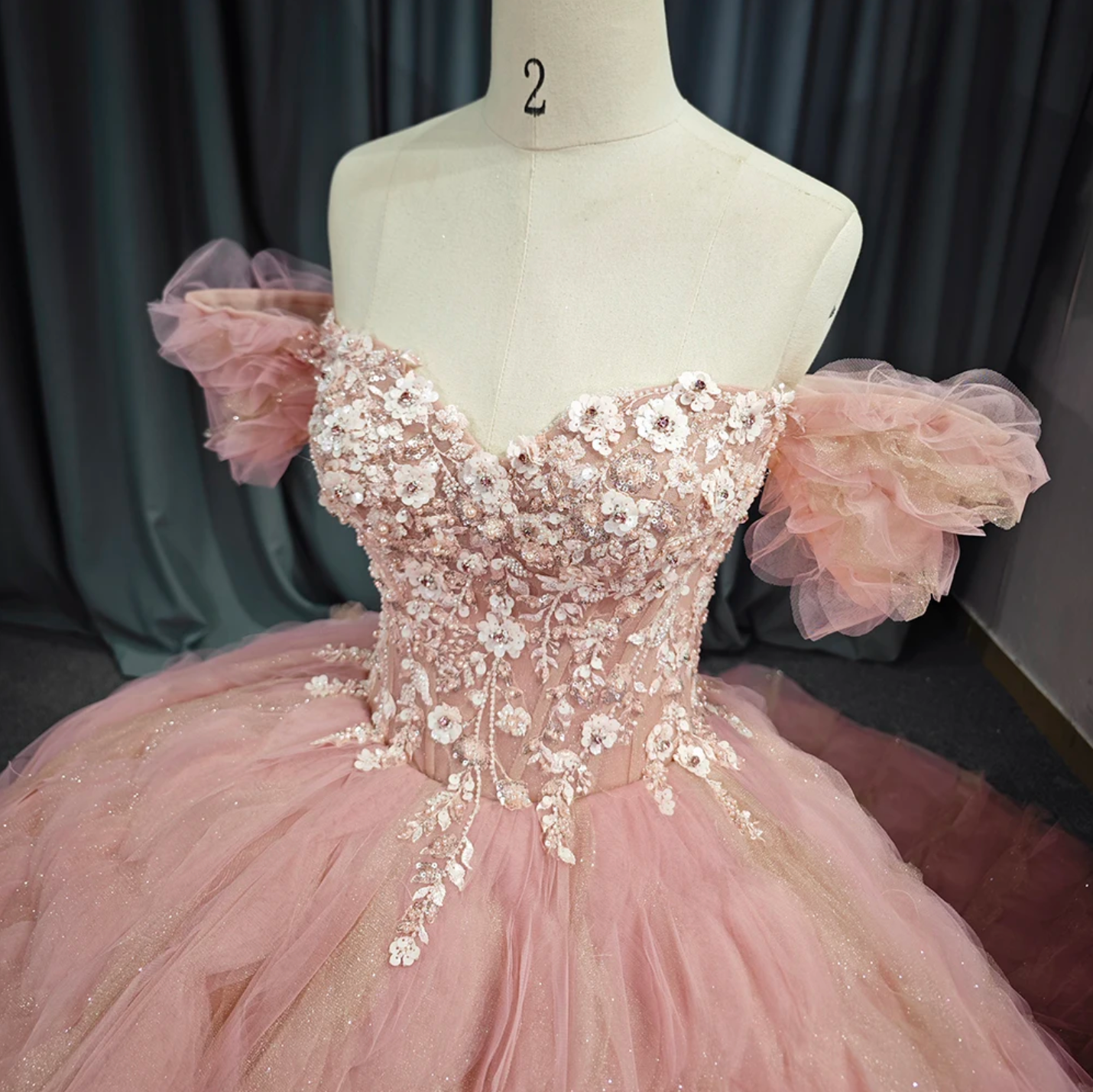 Tulle Tufted Pink Floral Quinceañera Ball Gown Dress