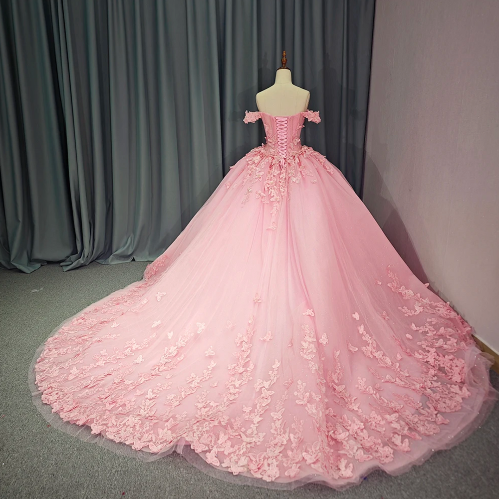 Pink Glamorous Organza Quincenera Dress Ball Gown Off the Shoulder Corset Chapel Train