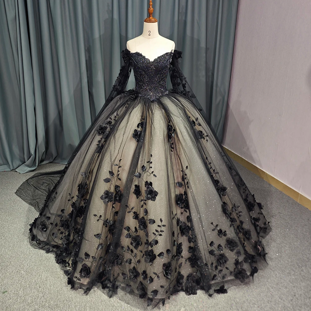 Black Sweetheart Quinceanera Dress Ball Gown Off The Shoulder Tulle Organza Beads Crystal Cape Sleeve