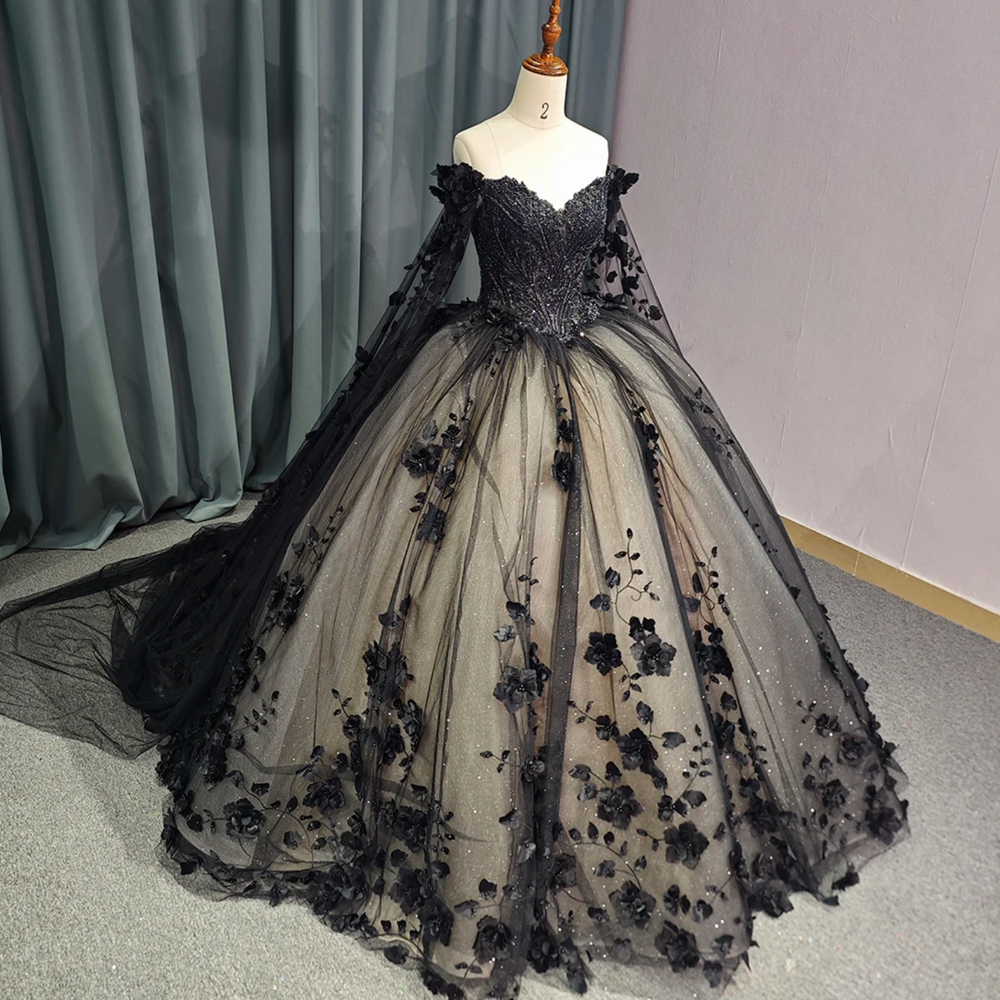 
                      
                        Black Sweetheart Quinceanera Dress Ball Gown Off The Shoulder Tulle Organza Beads Crystal Cape Sleeve
                      
                    