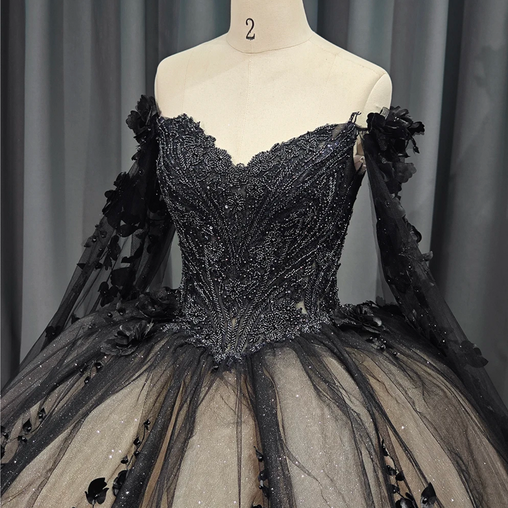 
                      
                        Black Sweetheart Quinceanera Dress Ball Gown Off The Shoulder Tulle Organza Beads Crystal Cape Sleeve
                      
                    