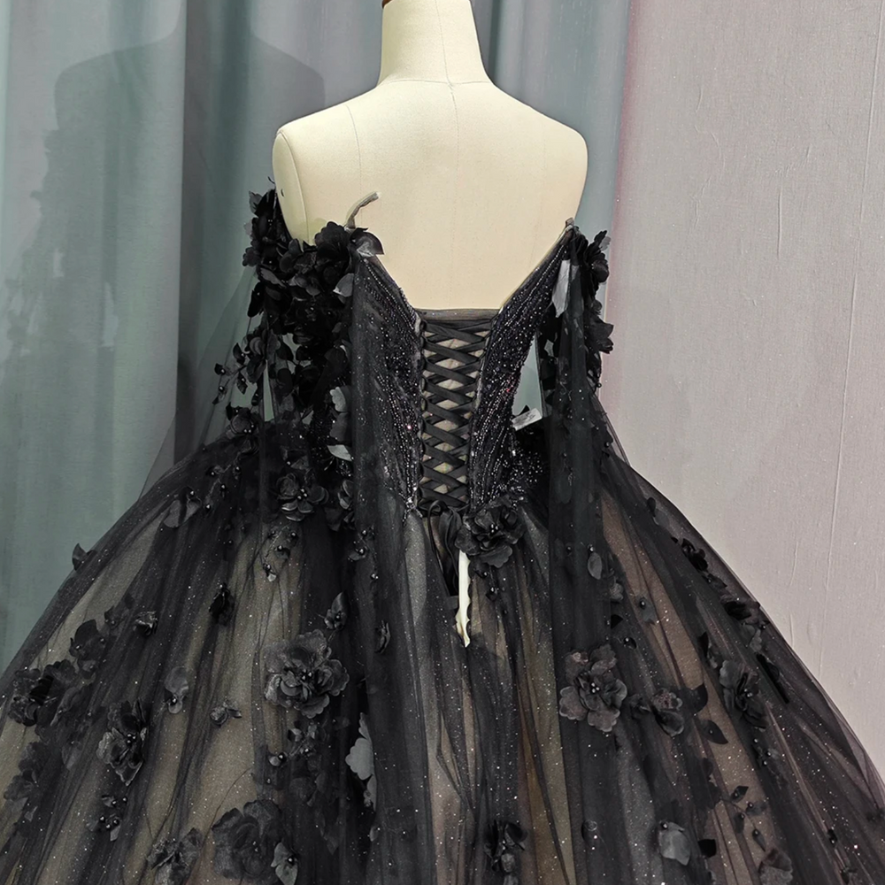 
                      
                        Black Sweetheart Quinceanera Dress Ball Gown Off The Shoulder Tulle Organza Beads Crystal Cape Sleeve
                      
                    