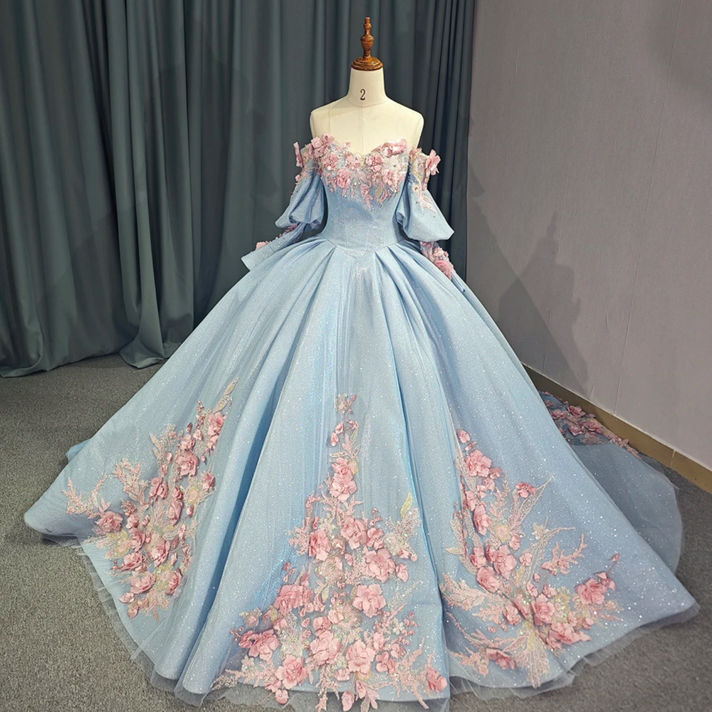 Princess Off The Shoulder Ball Gown Quinceanera Dress With 3D Handmade Flowers & Beading