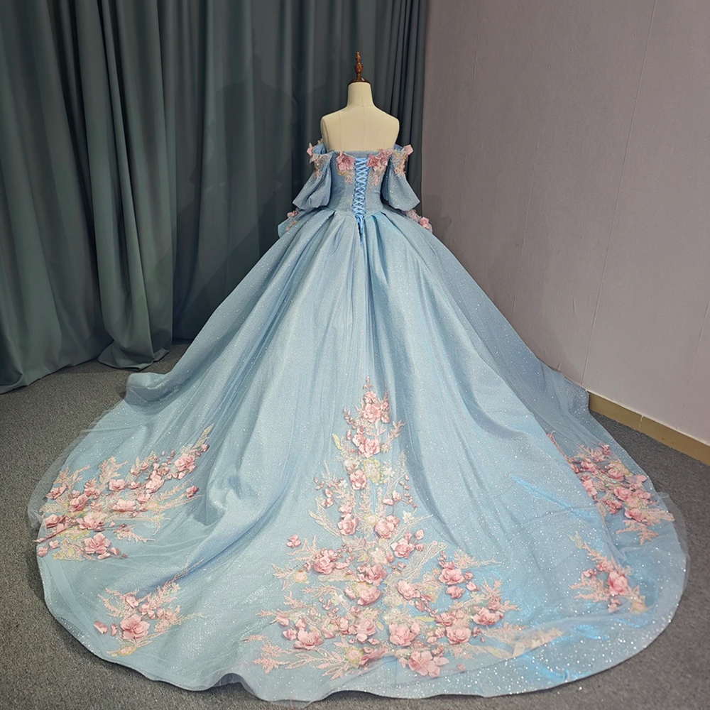 Princess Off The Shoulder Ball Gown Quinceanera Dress With 3D Handmade Flowers & Beading