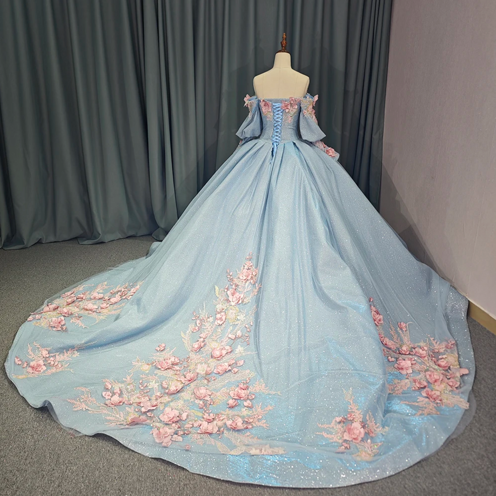 
                      
                        Princess Off The Shoulder Ball Gown Quinceanera Dress With 3D Handmade Flowers & Beading
                      
                    