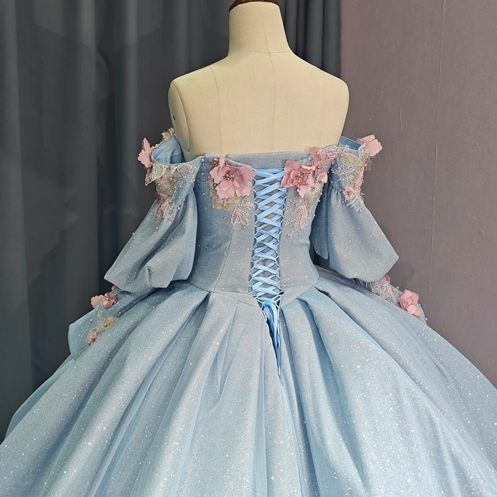 
                      
                        Princess Off The Shoulder Ball Gown Quinceanera Dress With 3D Handmade Flowers & Beading
                      
                    