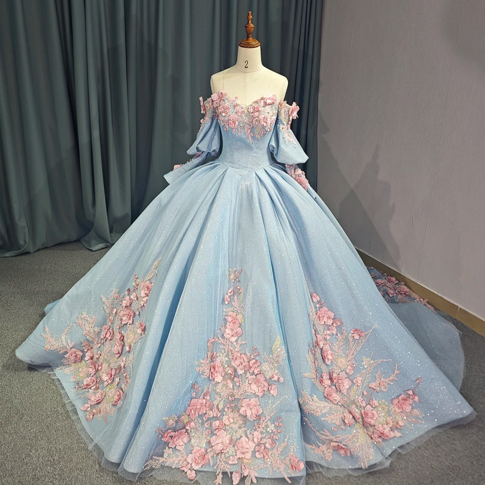 
                      
                        Princess Off The Shoulder Ball Gown Quinceanera Dress With 3D Handmade Flowers & Beading
                      
                    