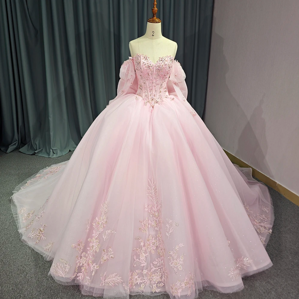 Pink Shiny Sweetheart Quinceanera Dress Off Shoulder Sequined Lace Bow Beads Court Train