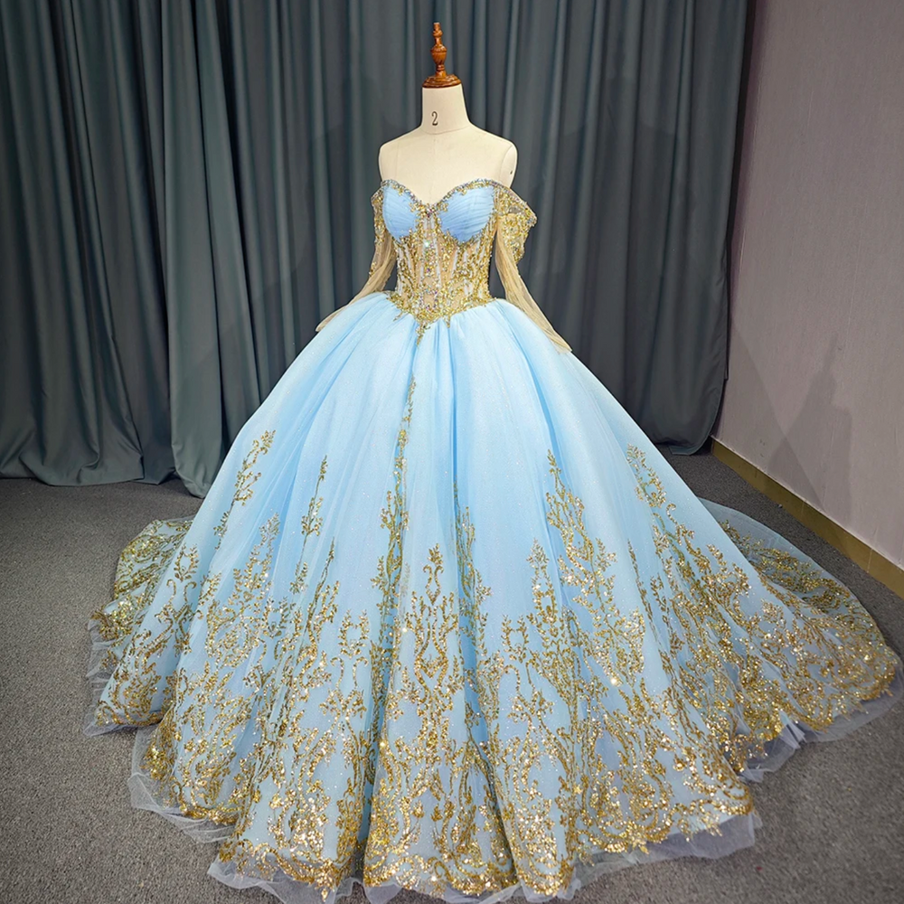 Luxury Blue Shiny Ball Gown Quinceanera Dress Beading Organza