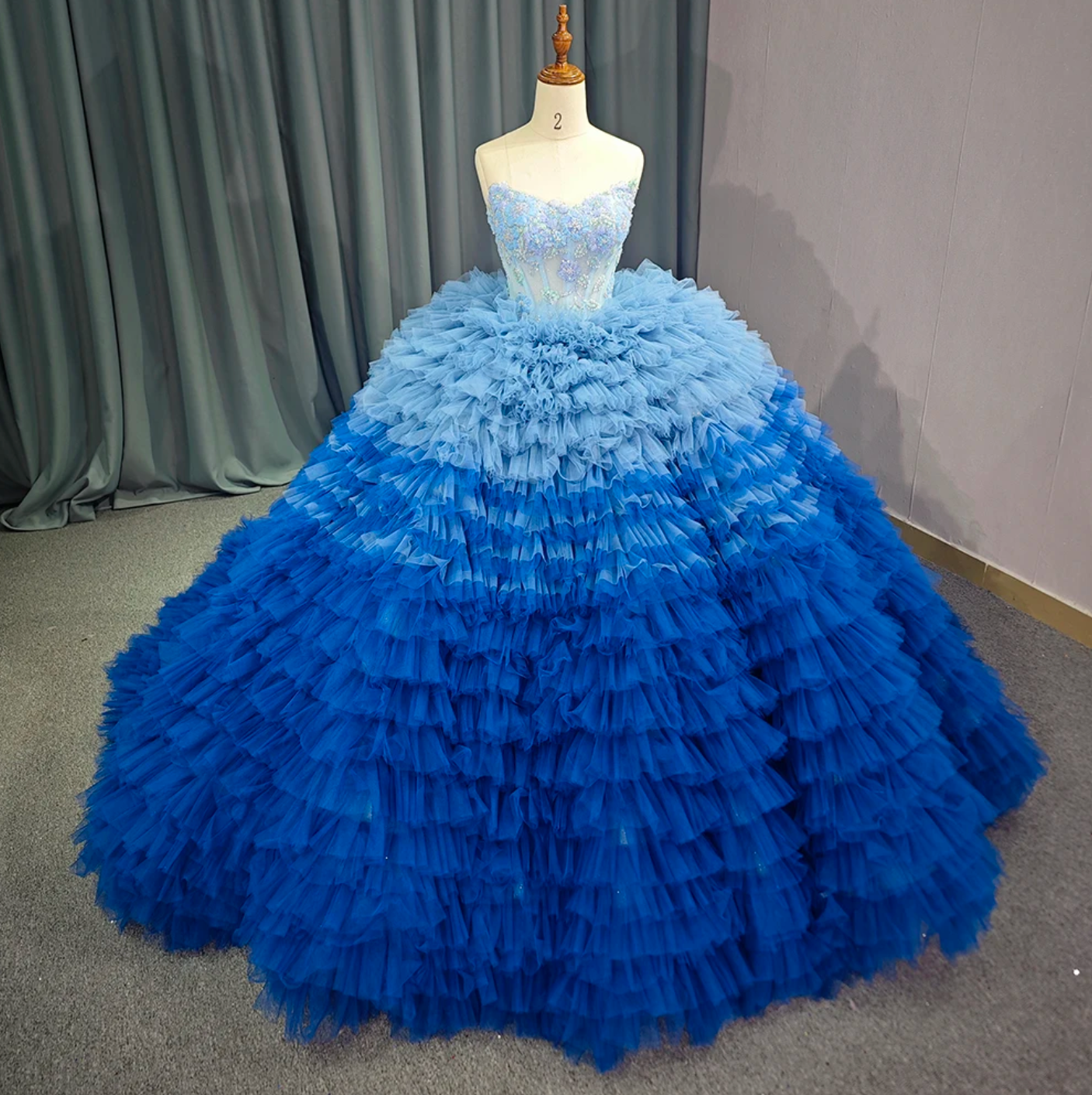 Blue Ruffle Tulle  Quinceanera Dress Ball Gown