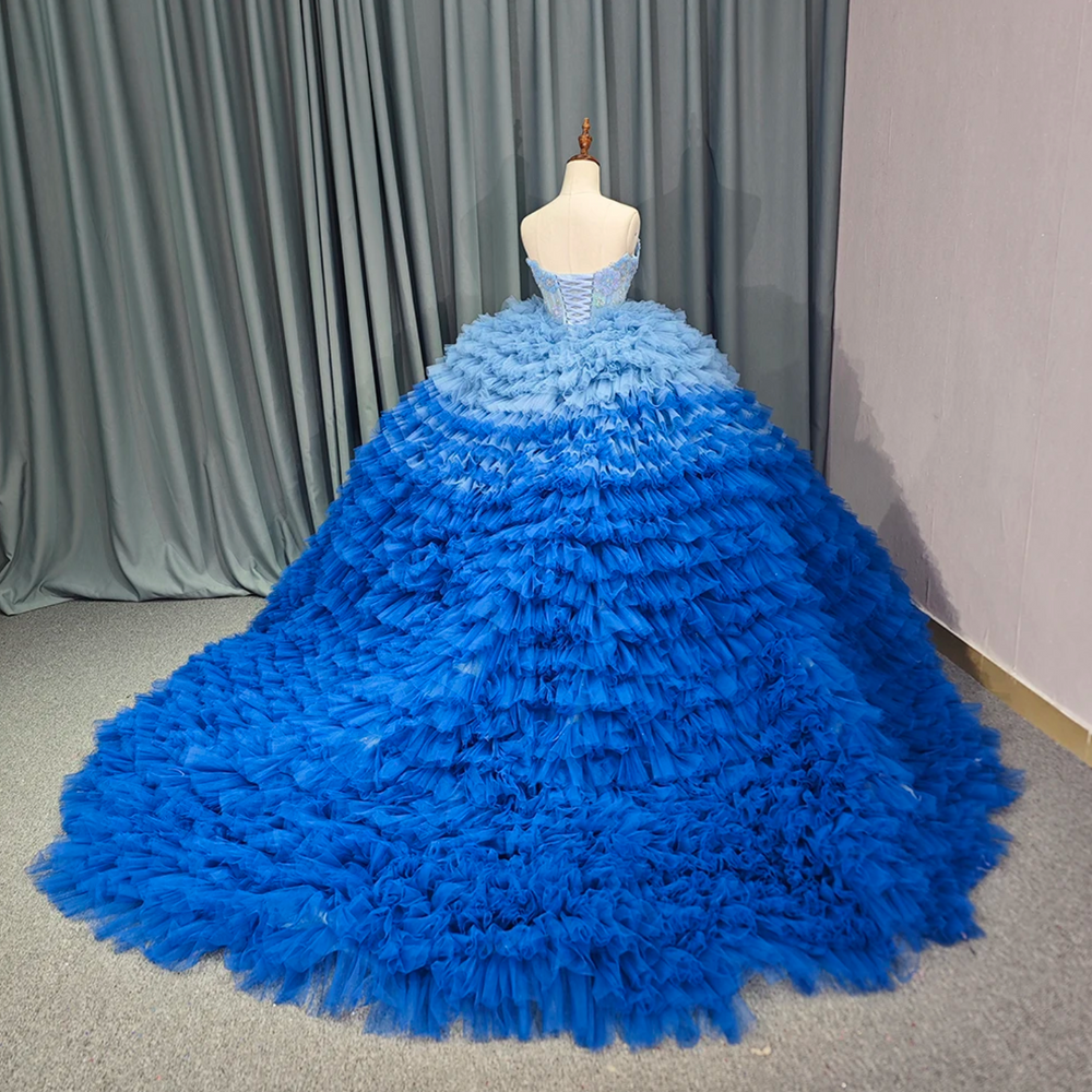 Blue Ruffle Tulle  Quinceanera Dress Ball Gown