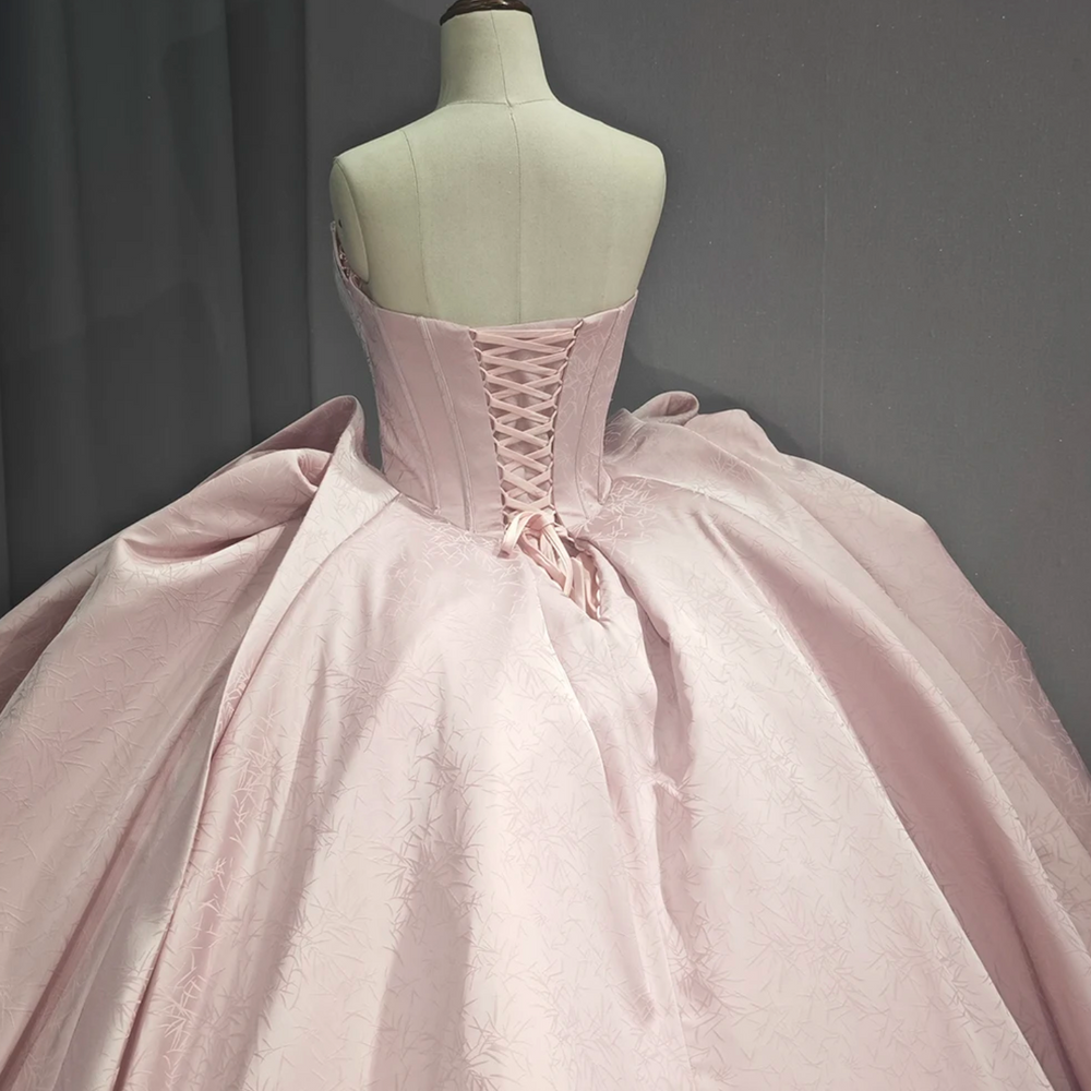 
                      
                        Pink Strapless Satin Quinceanera Dress
                      
                    