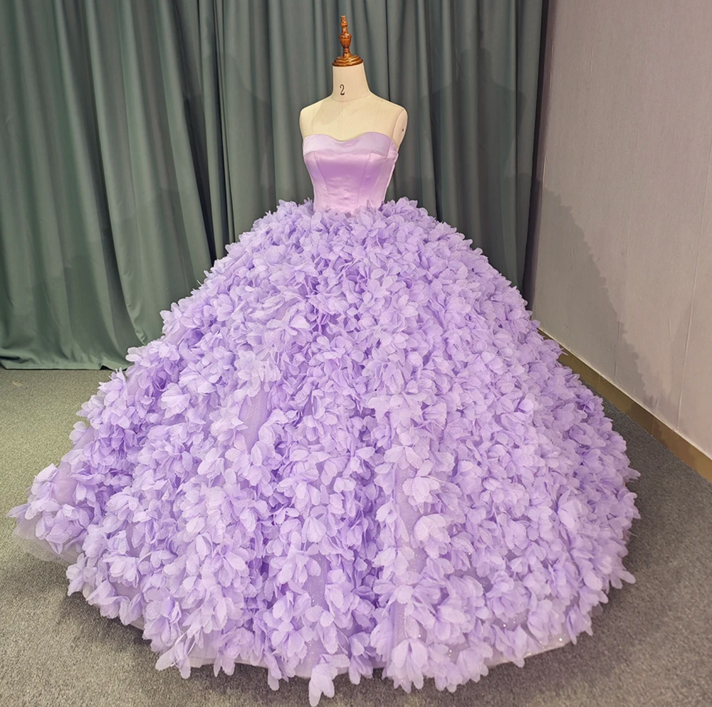 Purple Ball Gown Lace Up Strapless Court Train Quinceañera Dress