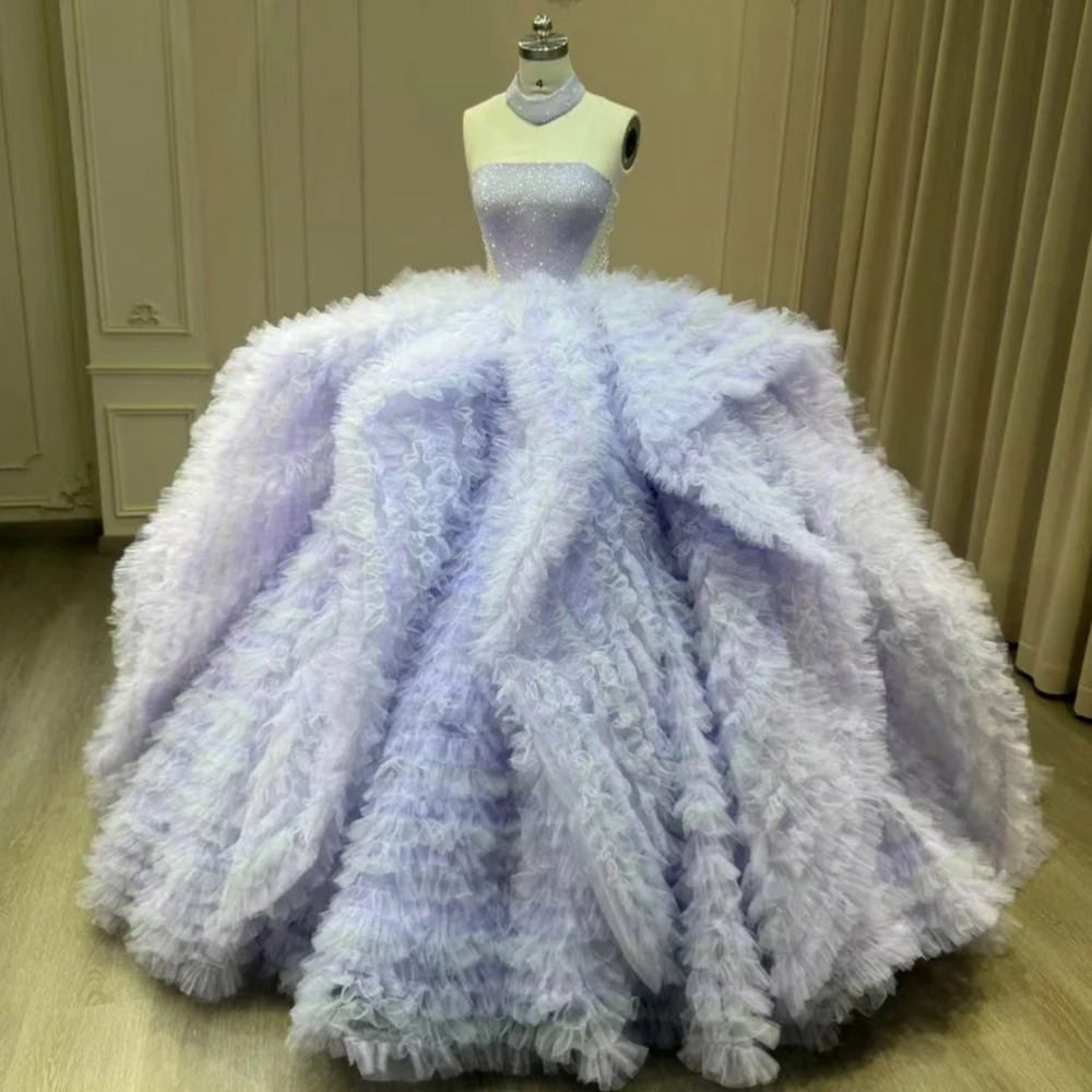 
                      
                        Purple Quinceanera 3D Floral Ball Gown Strapless Lace Tull Corset Dress
                      
                    