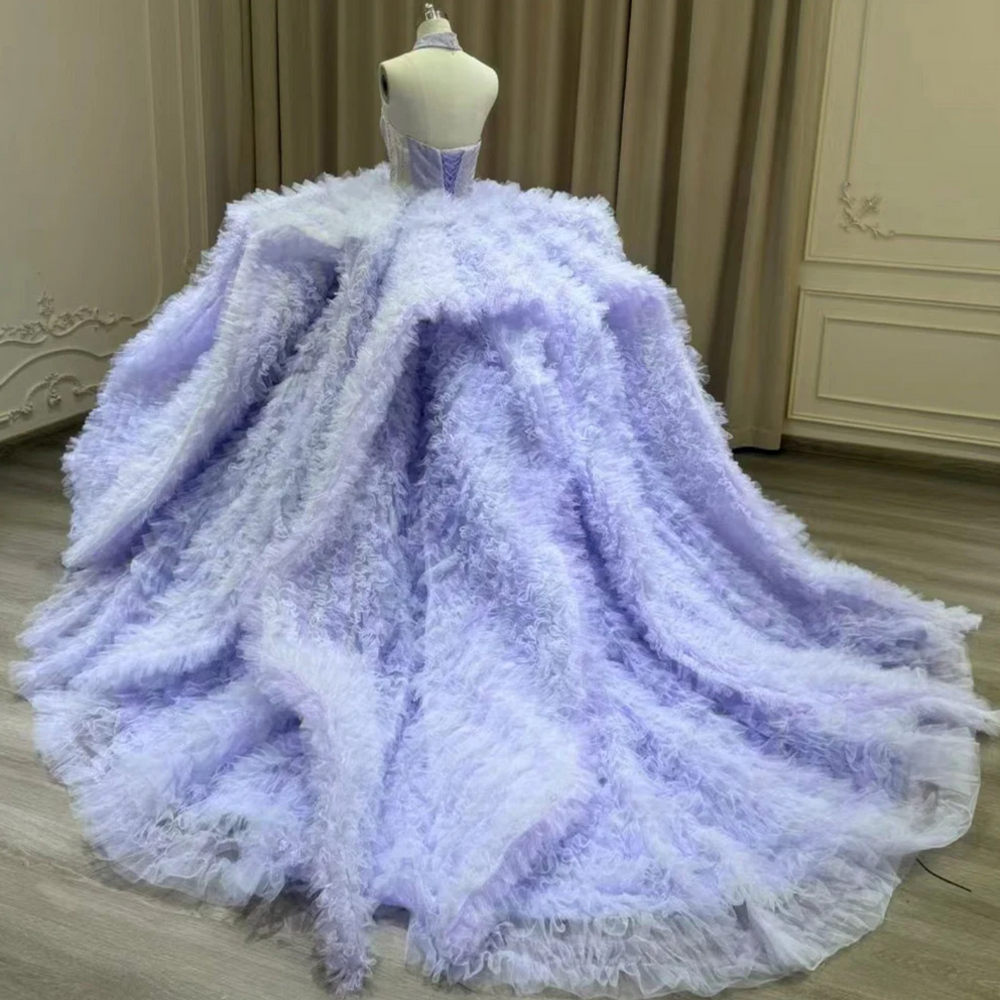 
                      
                        Purple Quinceanera 3D Floral Ball Gown Strapless Lace Tull Corset Dress
                      
                    