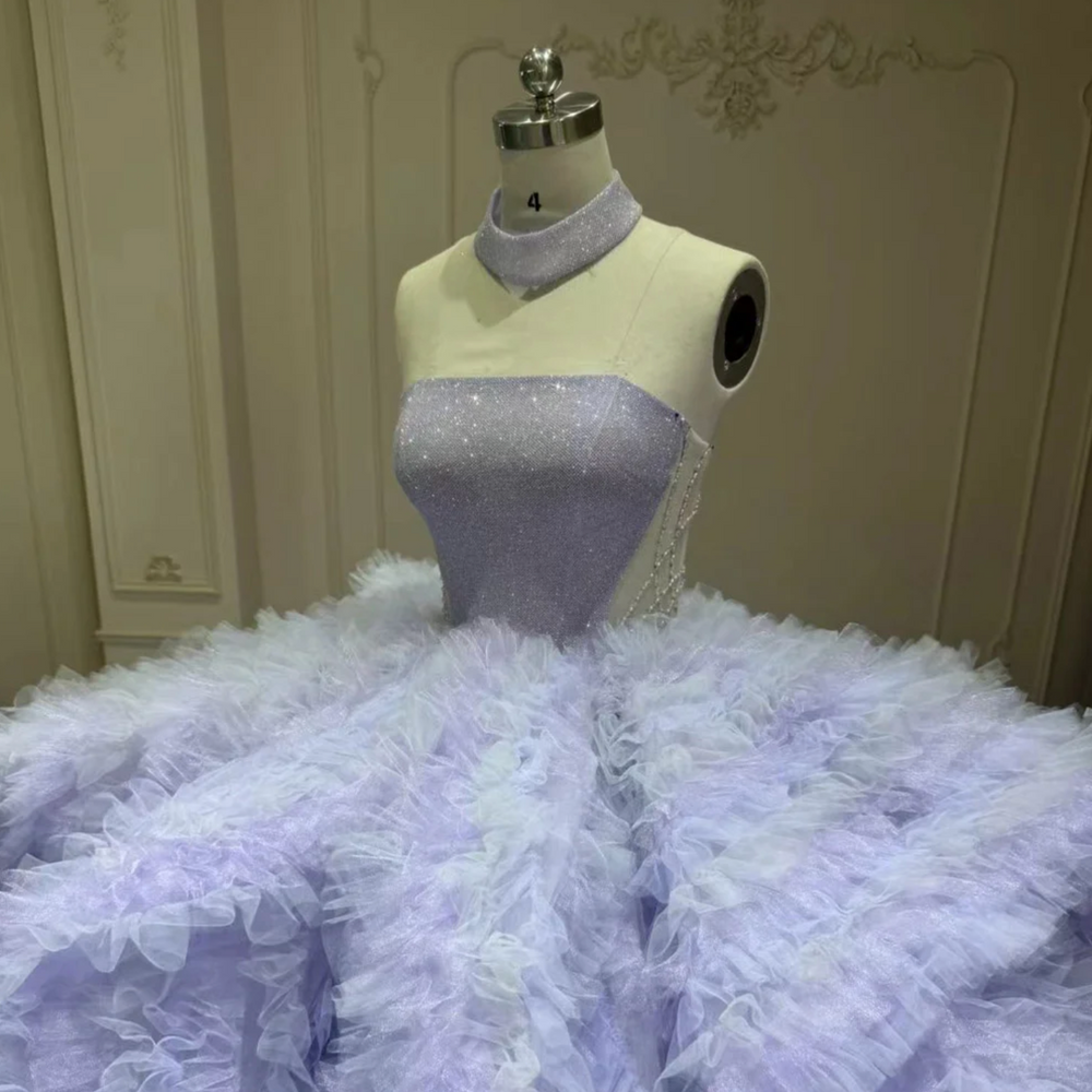 
                      
                        Purple Quinceanera 3D Floral Ball Gown Strapless Lace Tull Corset Dress
                      
                    