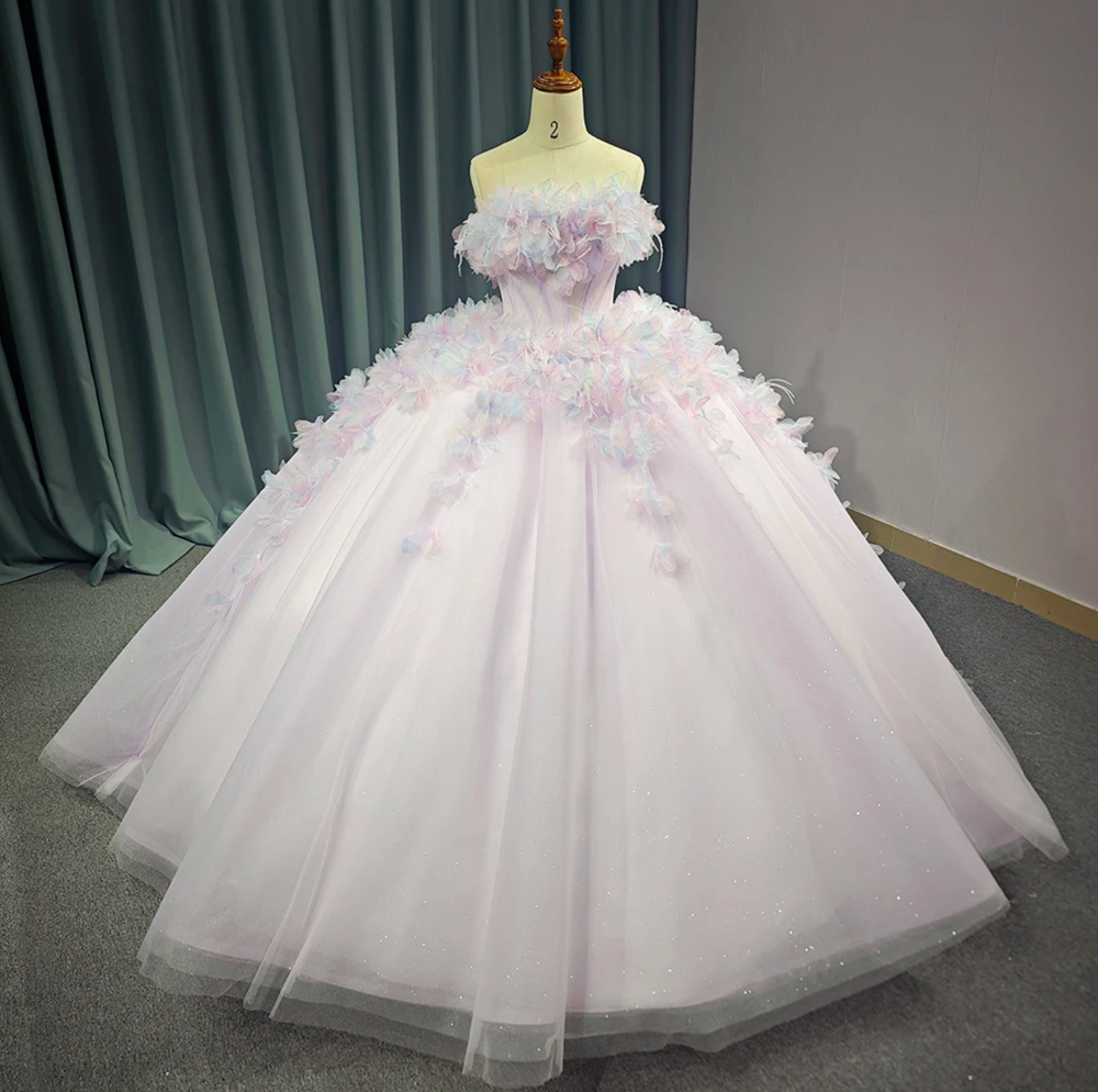 Pink Lace Quinceanera Ball Gown Strapless Dress