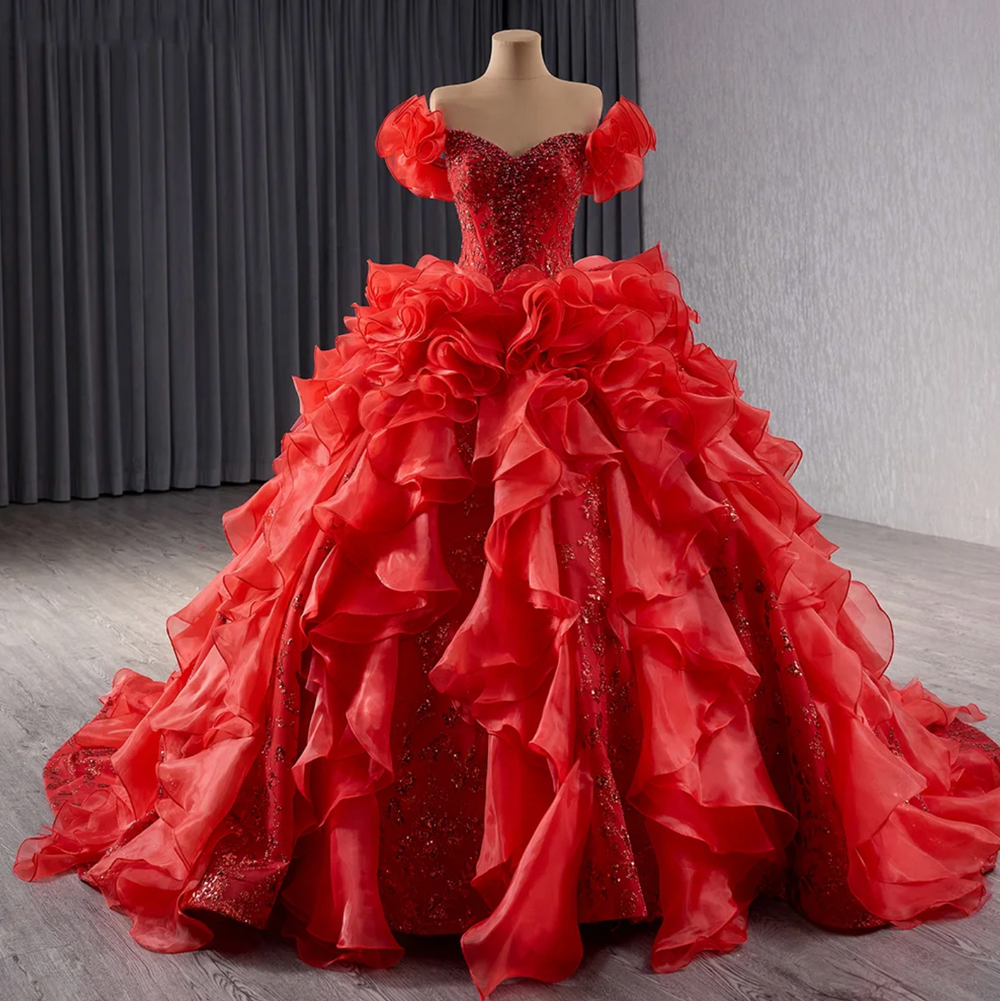 Red Quinceañera Dress With Puff Sleeves