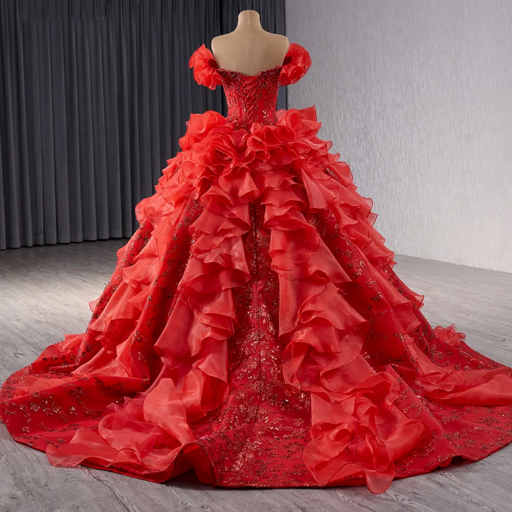 Red Quinceañera Dress With Puff Sleeves