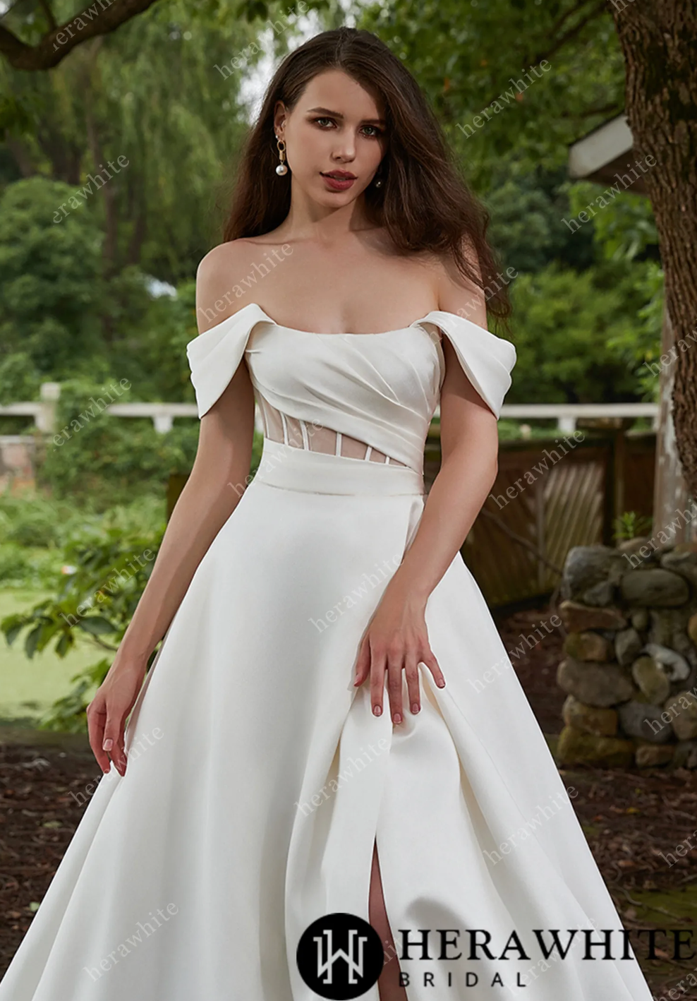 Modern Off Shoulder Grace Slit And Strapless Mikado Wedding Dress