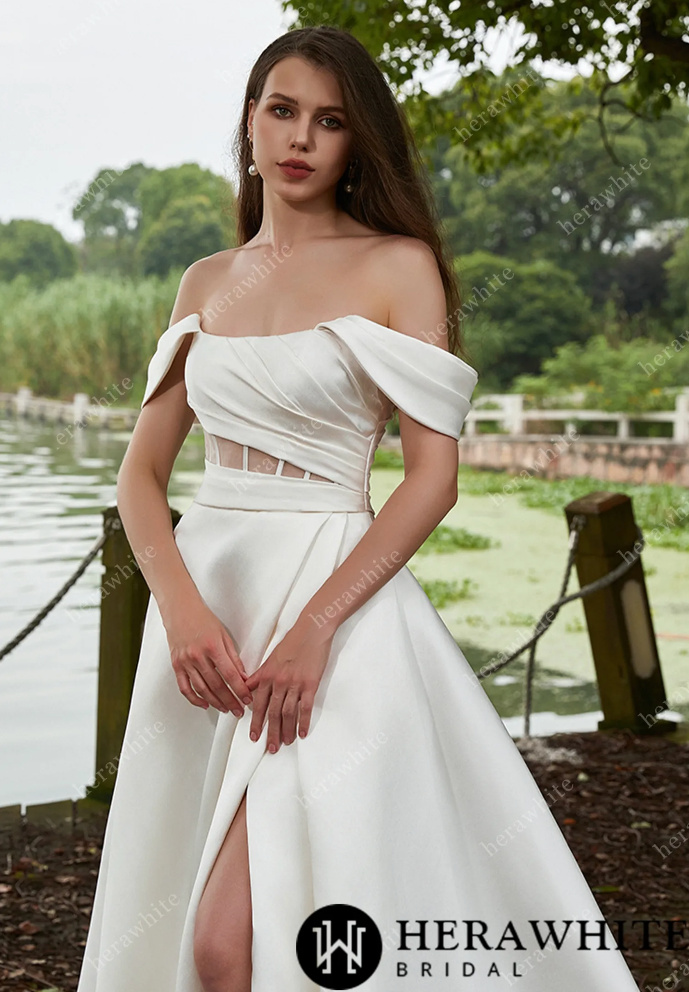 Modern Off Shoulder Grace Slit And Strapless Mikado Wedding Dress