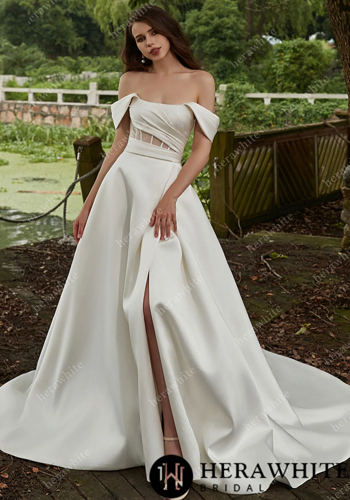 
                      
                        Modern Off Shoulder Grace Slit And Strapless Mikado Wedding Dress
                      
                    