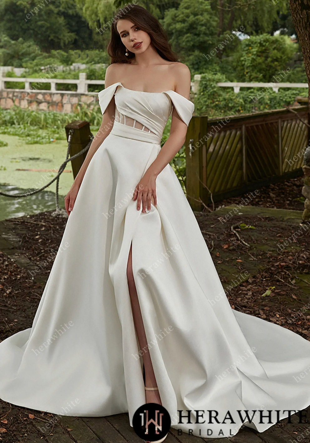 Modern Off Shoulder Grace Slit And Strapless Mikado Wedding Dress