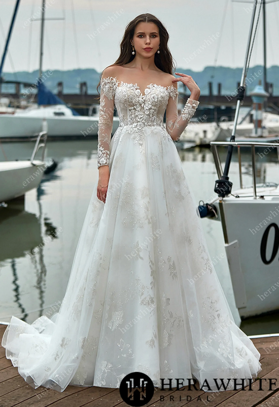 Shimmer Long Sleeves Wedding Dress with Illusion Back