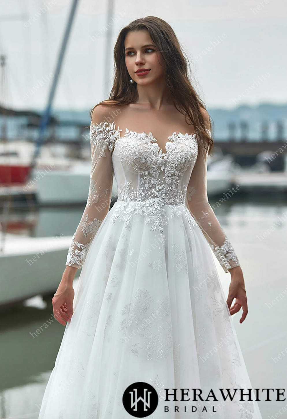 Shimmer Long Sleeves Wedding Dress with Illusion Back