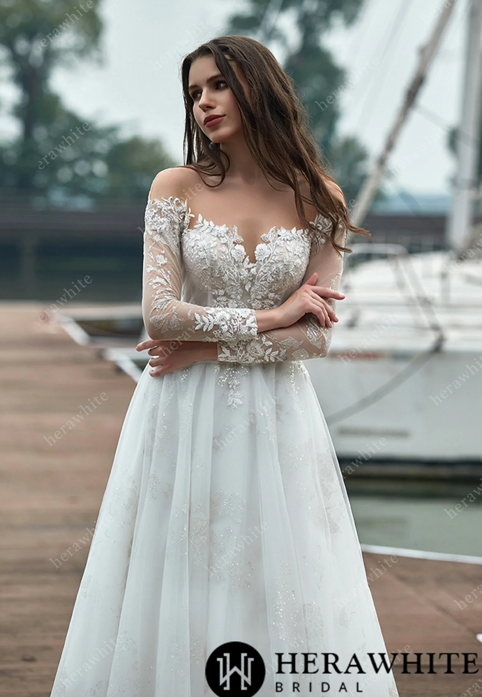 
                      
                        Shimmer Long Sleeves Wedding Dress with Illusion Back
                      
                    