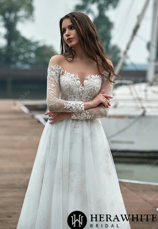 Shimmer Long Sleeves Wedding Dress with Illusion Back