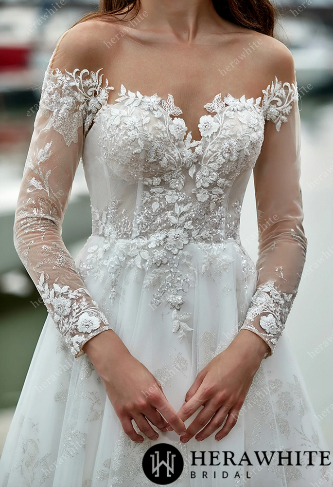 
                      
                        Shimmer Long Sleeves Wedding Dress with Illusion Back
                      
                    